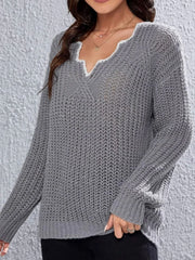 Close-up of the V-neck detail on a grey knit sweater