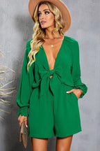 Tied Flounce Sleeve Plunge Romper - TEVQA