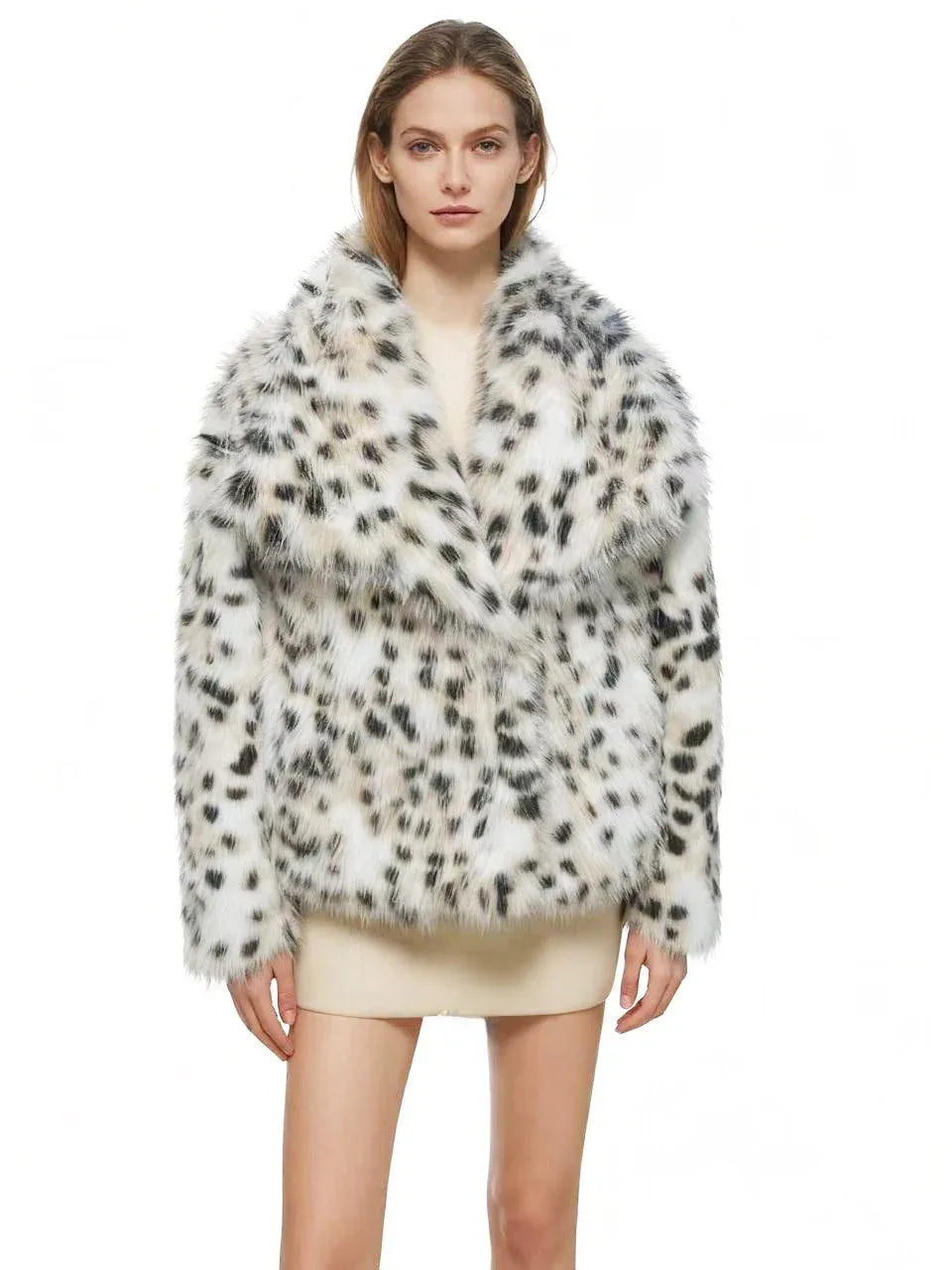 woman wearing a dalmatian print faux fur cropped jacket Main image