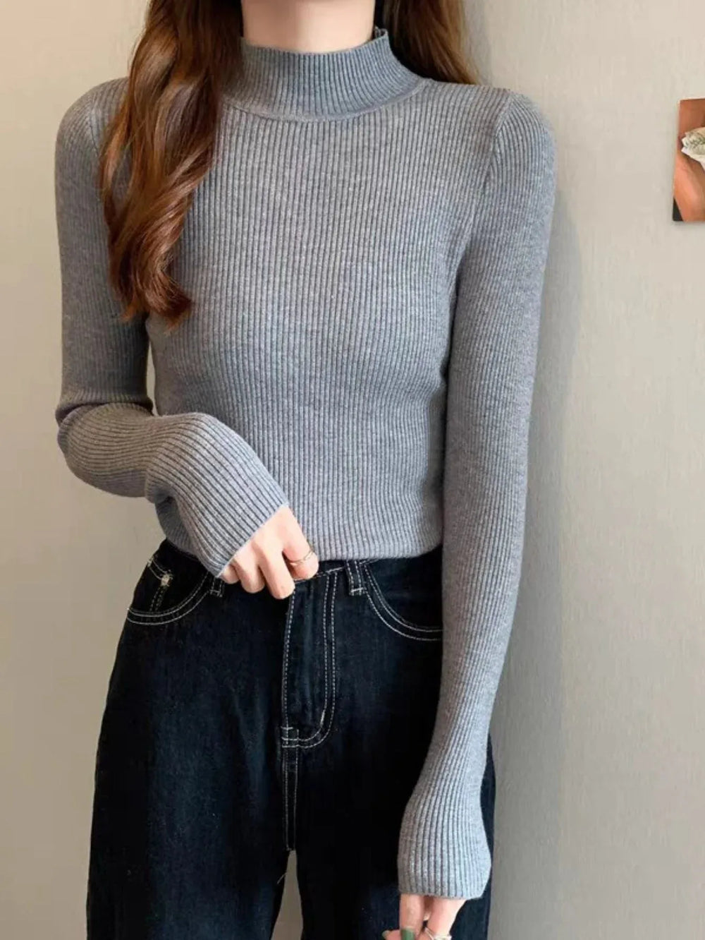 Ribbed Mock Neck Knit Top - View 8 | TEVQA