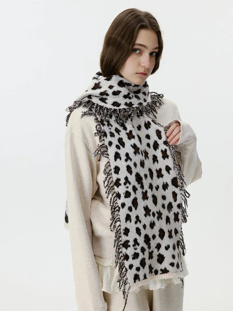 Vintage Leopard Print Knit Scarf - TEVQA