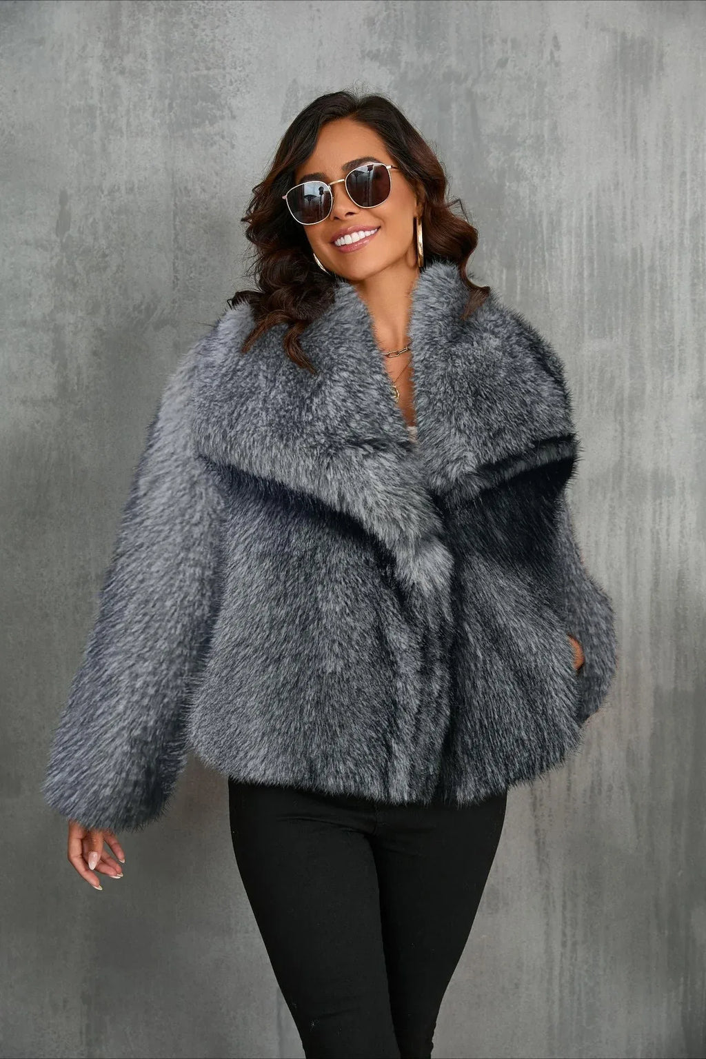 Luxe Sage Grey Faux Fox Fur Coat - TEVQA
