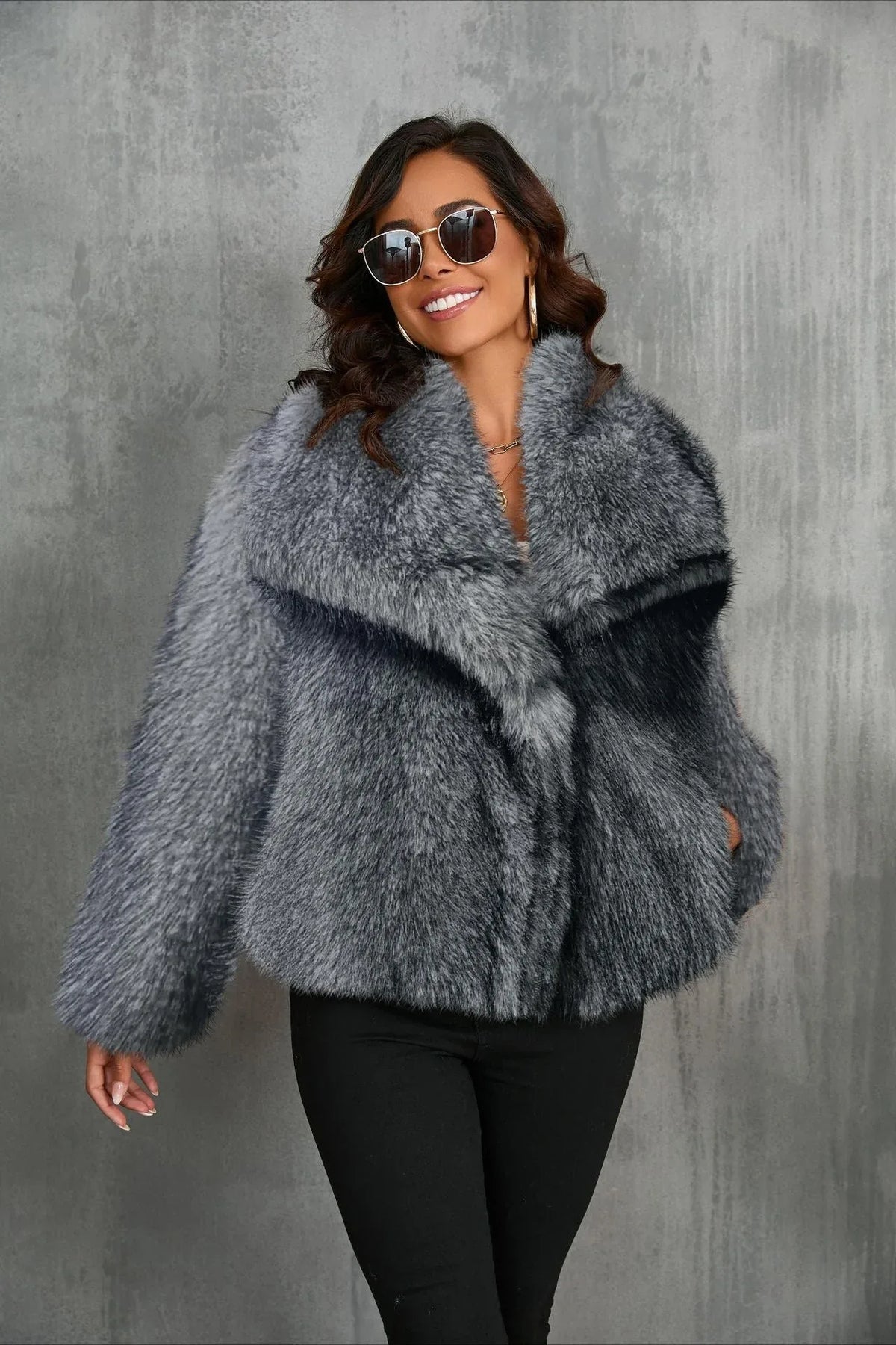 Luxe Sage Grey Faux Fox Fur Coat - TEVQA