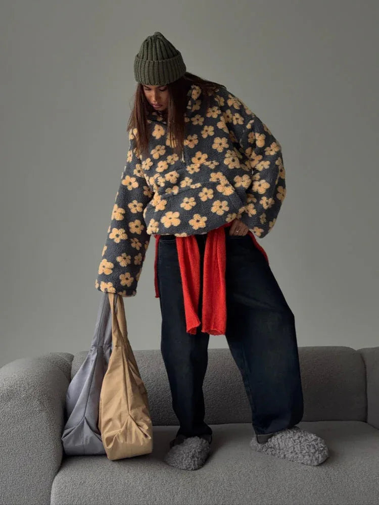 Vintage Floral Sherpa Fleece Pullover - View 6 | TEVQA