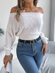 Khaki Off-Shoulder Cable Knit Sweater