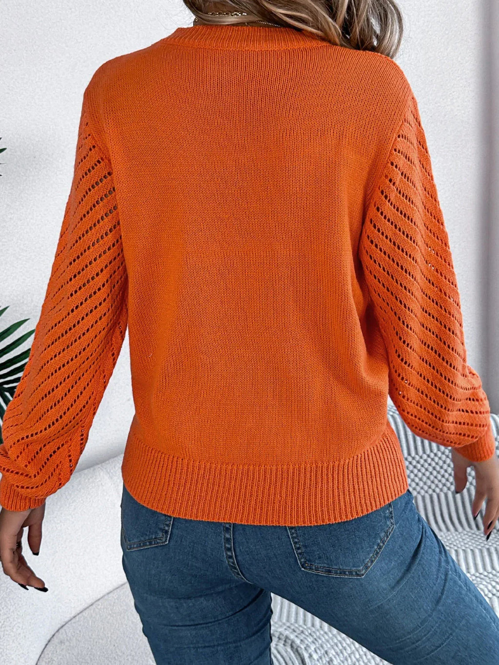 White Hollow Out Pointelle Knit Sweater - TEVQA