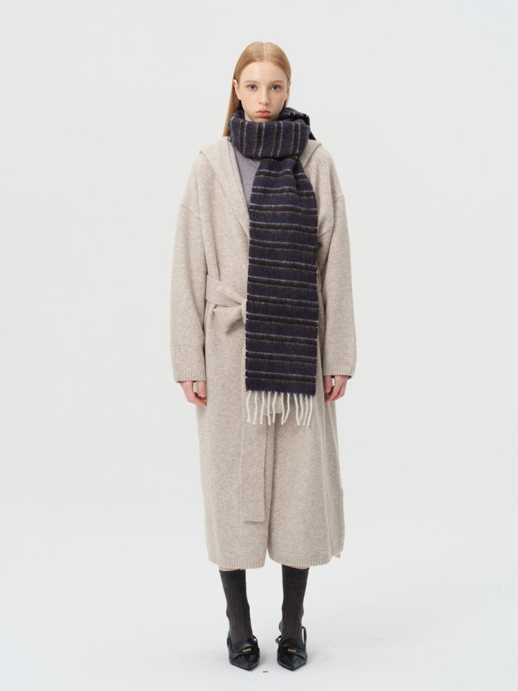 Soft Wool Blend Striped Scarf with Fringe