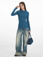 Y2K Essential Ribbed Henley Long Sleeve Top - TEVQA
