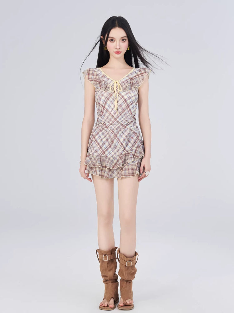 Vintage Plaid Ruffle Trim Swimdress - Brown