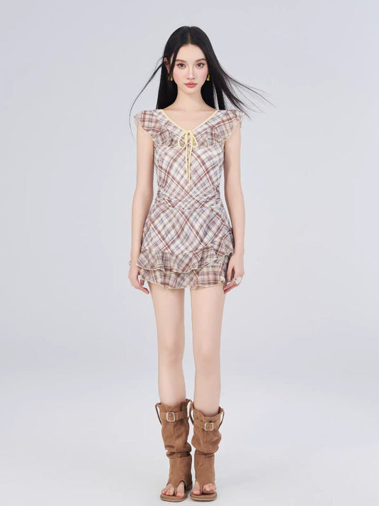 Vintage Plaid Ruffle Trim Swimdress - Brown