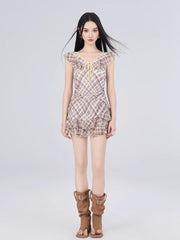 Vintage Plaid Ruffle Trim Swimdress - Brown
