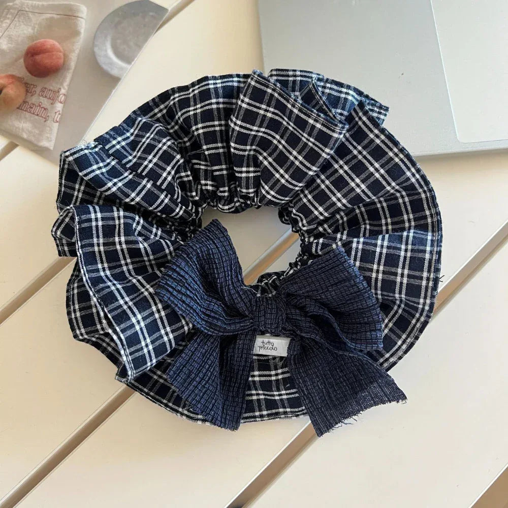 Oversized plaid scrunchie with textured bow - View 7 | TEVQA