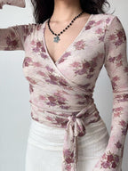 Vintage Floral Wrap Long Sleeve Top Pink