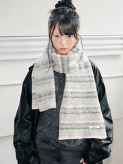 Soft Fair Isle Style Geometric Knit Scarf Grey Pink