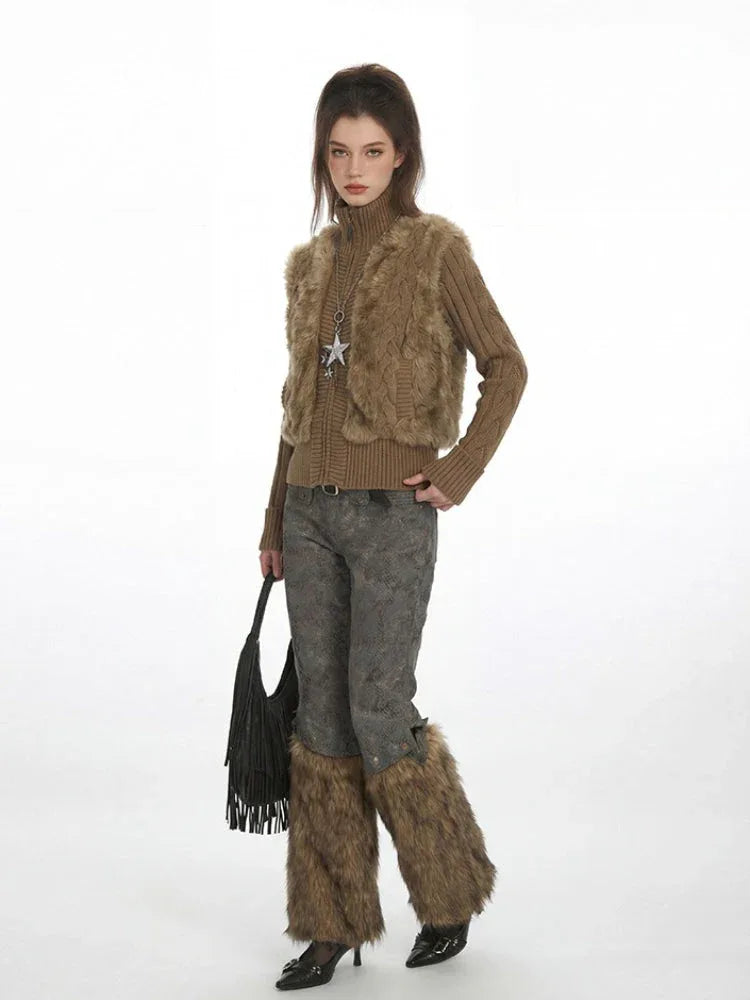 Y2K Faux Fur Panel Zip-Up Cardigan - TEVQA