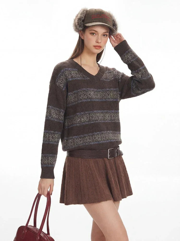 Vintage Academia V-Neck Striped Knit Sweater - TEVQA