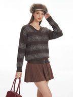 Vintage Academia V-Neck Striped Knit Sweater - TEVQA