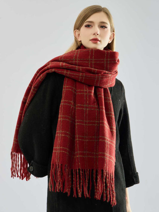 Textured Boucle Plaid Scarf Red