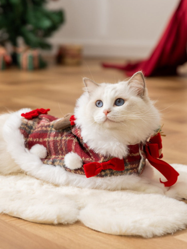 Red plaid Christmas pet cape with leash ring and reindeer antlers - View 6 | TEVQA