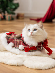 Red Plaid Christmas Pet Cape with Leash Ring Fleece