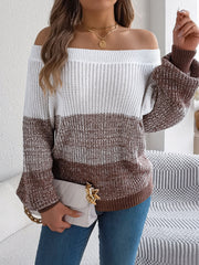 Monochrome Muse Off-Shoulder Color Block Knit Sweater