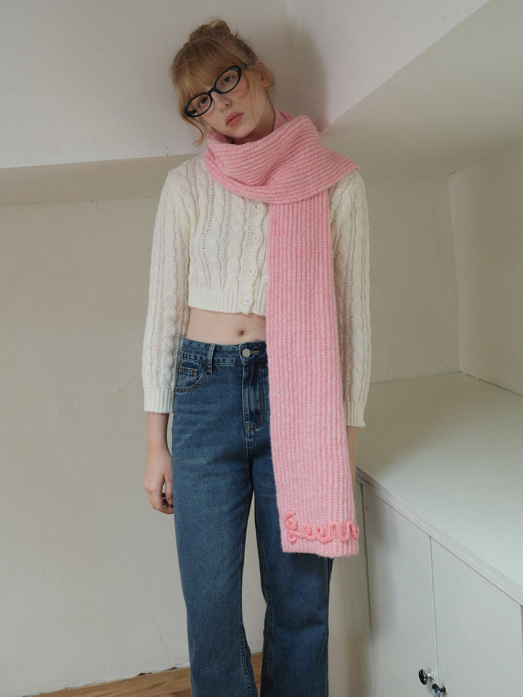Soft Wool Blend Knitted Scarf with 3D Crochet Lettering