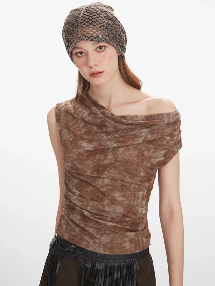 Y2K Acid Wash Draped Cowl Neck Top - TEVQA