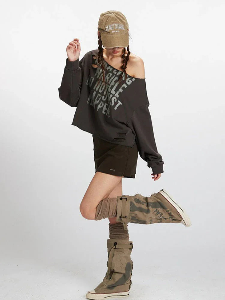Vintage Charcoal Distressed Off-Shoulder Sweatshirt - TEVQA