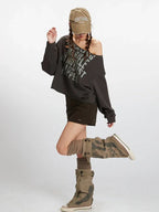 Vintage Charcoal Distressed Off-Shoulder Sweatshirt - TEVQA
