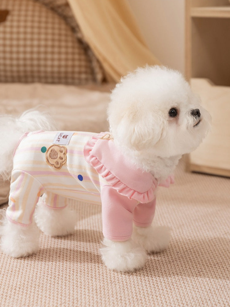Brown and blue striped pet jumpsuit with a large ruffled collar and paw print patch - View 6 | TEVQA