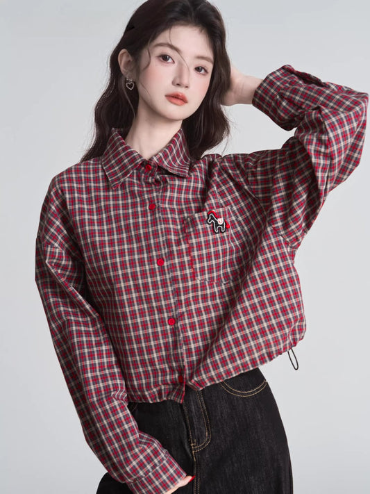 Red Plaid Drop Shoulder Cropped Button Shirt