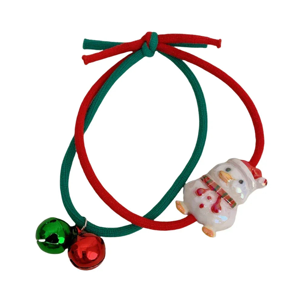 Christmas hair tie with snowman charm and red and green bells