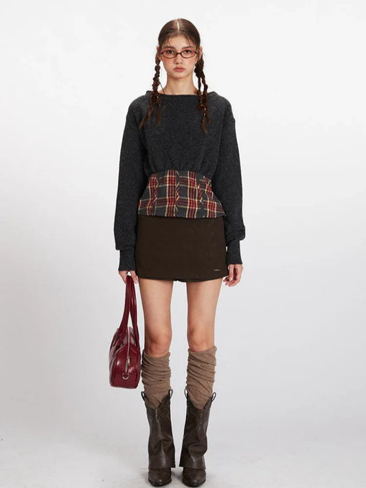 Vintage Plaid Spliced Knit Sweater - TEVQA