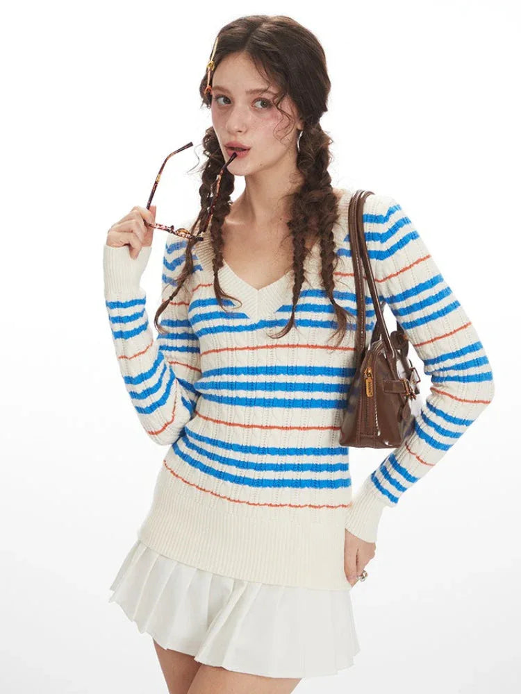 Retro Striped V-Neck Cable Knit Sweater - TEVQA
