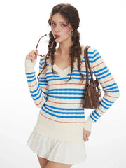 Retro Striped V-Neck Cable Knit Sweater - TEVQA