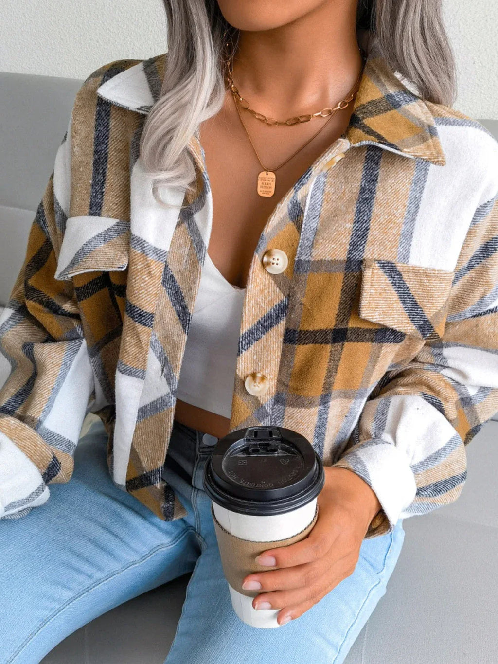 Plaid wool blend cropped shacket with lantern sleeves - View 10 | TEVQA
