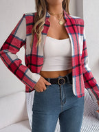 Navy blue plaid cropped jacket - View 19 | TEVQA