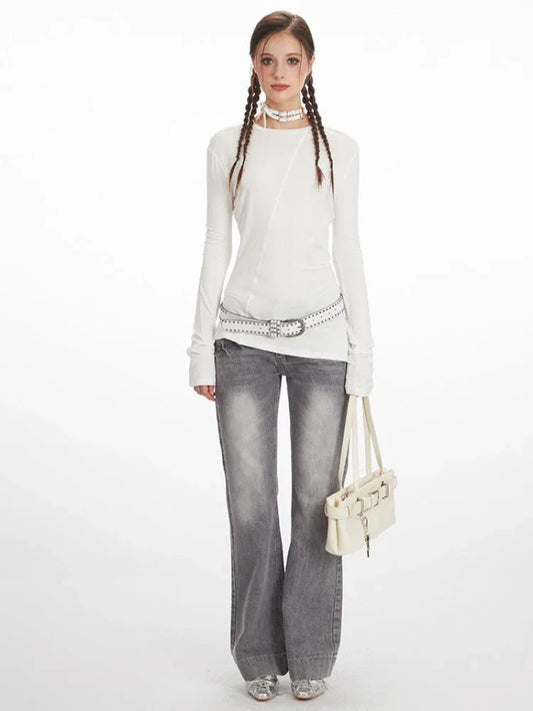 White Irregular Exposed Seam Long Sleeve Top - TEVQA