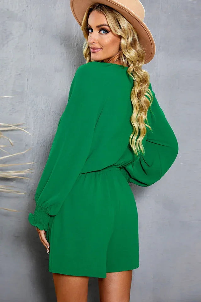 Tied Flounce Sleeve Plunge Romper - TEVQA