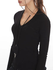Y2K Grunge Essential V-Neck Long Sleeve Top - TEVQA