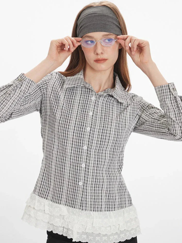 Plaid button down shirt with lace trim - View 6 | TEVQA
