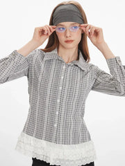 Plaid button down shirt with lace trim - View 6 | TEVQA