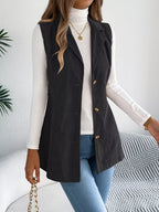 Beige Corduroy Button Down Vest - TEVQA