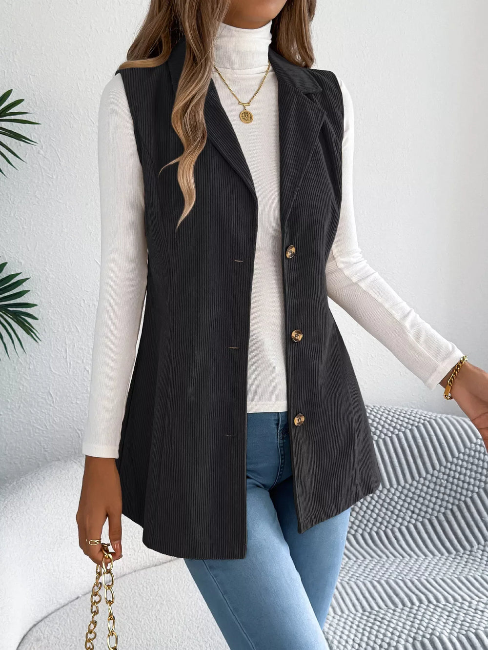 Beige Corduroy Button Down Vest - TEVQA