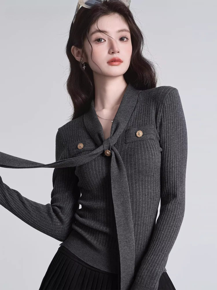 Tie-Neck Ribbed Knit Top Dark Grey