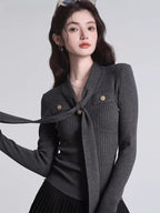 Tie-Neck Ribbed Knit Top Dark Grey