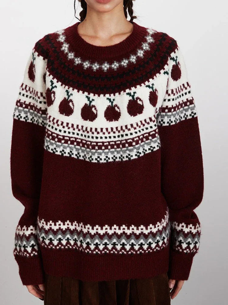 Burgundy Fair Isle Apple Crewneck Sweater - View 6 | TEVQA