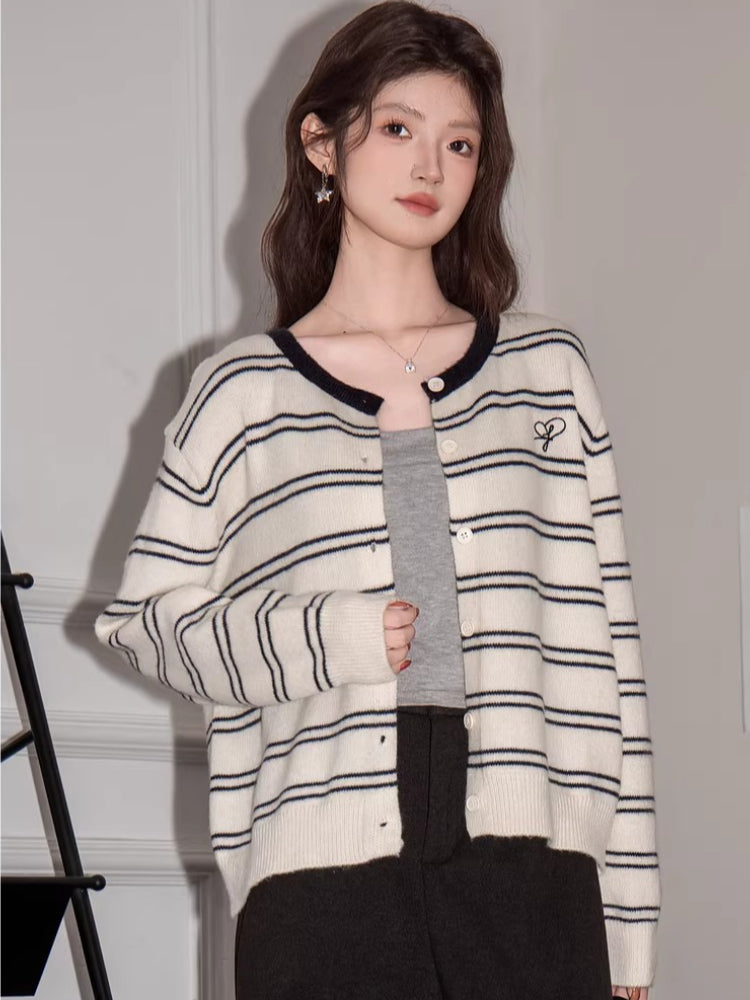 Cream Striped Crew Neck Cardigan with Heart Detail