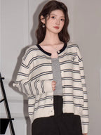 Cream Striped Crew Neck Cardigan - View 6 | TEVQA