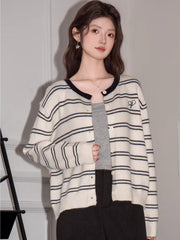 Cream Striped Crew Neck Cardigan with Heart Detail